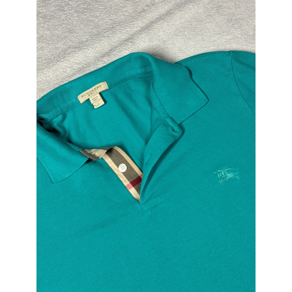 Burberry Brit Polo Shirt Mens M Teal Nova Check Trim Pique Cotton Short Sleeve